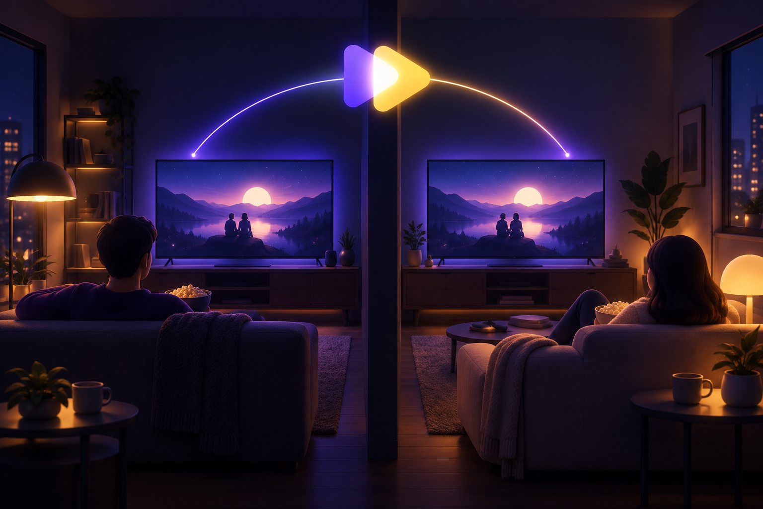Deux salons à distance regardant le même film, reliés par un faisceau de lumière